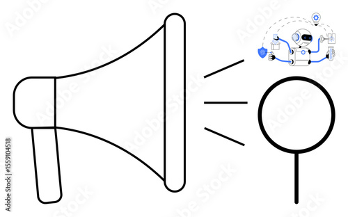 Loudspeaker emitting sound, magnifying glass, and AI robot managing data. Ideal for advertising, technology, AI, communication, branding search automation. A simple flat metaphor