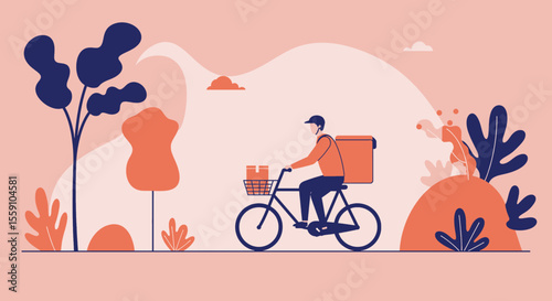 a delivery person on a bicycle, wearing a helmet and carrying a package. Suitable for landing page, banner, marketing, web design, presentation, infographic, etc.