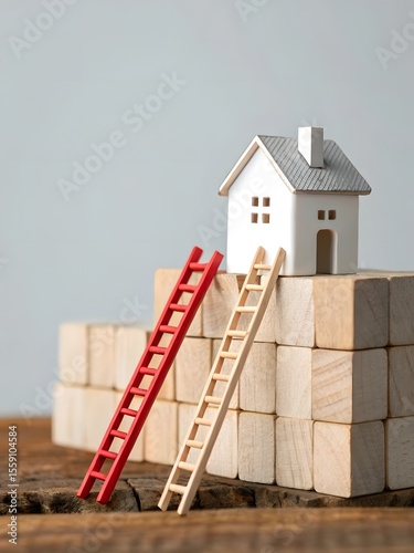 The house is on a pedestal and stairs symbolizing the mortgage for its purchase. Affordable housing. Buying  house. Favorable lending conditions.