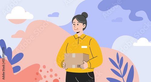 A cheerful female courier in a yellow uniform smiles as she carries a package against a whimsical, abstract background of clouds and organic shapes.