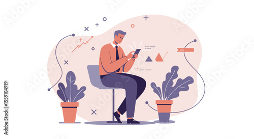 a man sitting in a chair, engrossed in his phone, surrounded by potted plants and abstract geometric shapes. Suitable for landing page, banner, marketing, web design, presentation, infographic, etc.