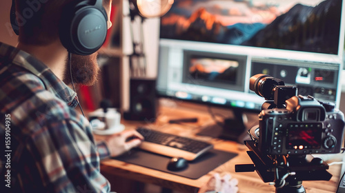 Man in Headphones Editing Video with Camera