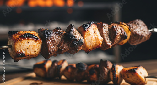Close-up shot of a delicious skewer, ready to be enjoyed. 