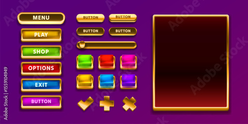 Game Golden frame and button, label set color, event bar button, gold signboard. Vector illustration