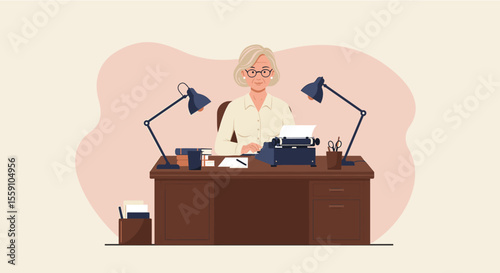 a woman sitting at a desk with a typewriter, surrounded by office supplies, with two lamps providing light. Suitable for landing page, banner, marketing, web design, presentation, infographic, etc.