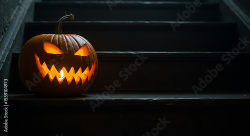 A spooky jack-o'-lantern sits on a dimly lit staircase, its carved face aglow with the light of a candle, evoking a sense of Halloween mystery and dread.