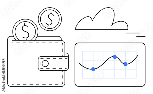 Wallet with coins next to a graph, tracking financial trends. Ideal for finance, investments, savings, growth, economy, profit management business analytics. Simple flat metaphor