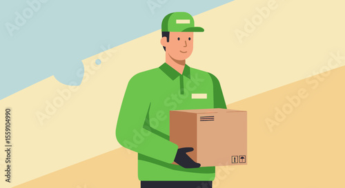 a delivery person in a green uniform and cap, holding a cardboard box with a shipping label. Suitable for landing page, banner, marketing, web design, presentation, infographic, etc.
