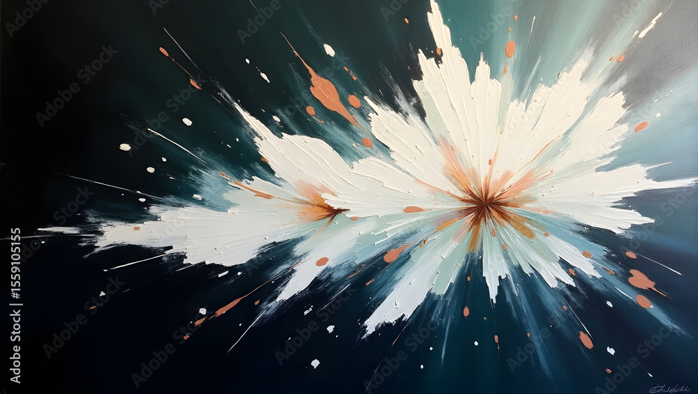 Obraz premium Abstract white and peach flowers with gold accents on a dark teal background