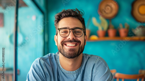 Happy young man with beard and glasses smiling