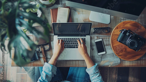 Home office workspace with person typing on laptop