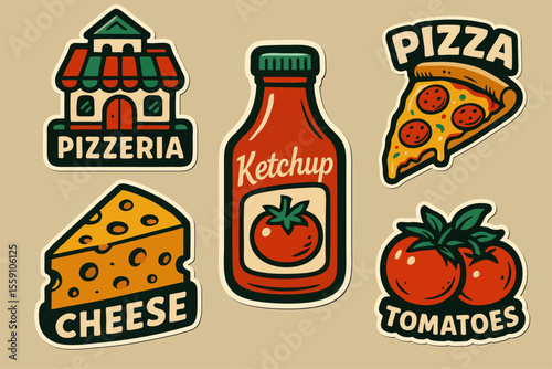 Vintage retro stickers with pizza slice, tomatoes, pizzeria, ketchup, and cheese on a beige background. Perfect for food designs.