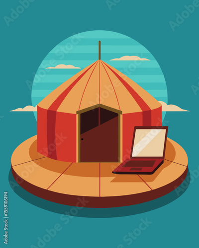 In the midst of the nomadic yurt a lone laptop stood out like a technological relic from another world.. Vector illustration