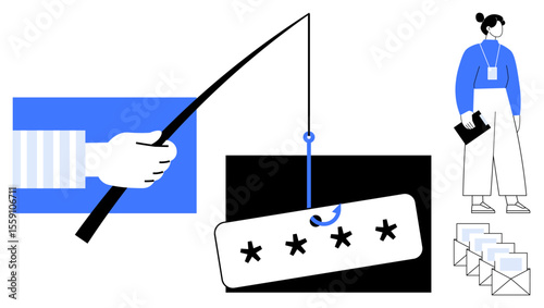 Hand holding fishing rod with password hook, password card, stack of emails, and concerned user for internet security. Ideal for cyber threats, online safety, digital protection, data breach risk