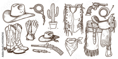 Collection of Cowboy Related Elements Vector Illustration – Western Icons Including Cowboy Hat, Pistols, Boots, Sheriff Badge, Rope, Horseshoe, and Wild West Symbols for Vintage Western Design, Poster