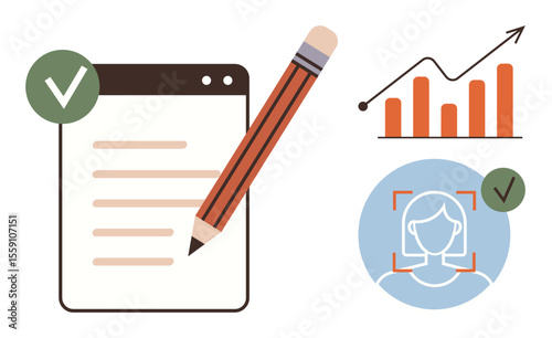 Checklist with pencil, facial recognition badge, progress chart. Ideal for productivity, task management, user authentication, analytics, goal setting, digital tools simple flat metaphor