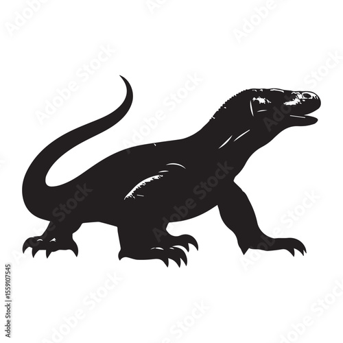 Silhouette of a komodo dragon reptile walking with its mouth open