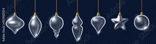 Glass Christmas ornaments set. Transparent holiday baubles with ribbons. Decorative elements for New Year tree.