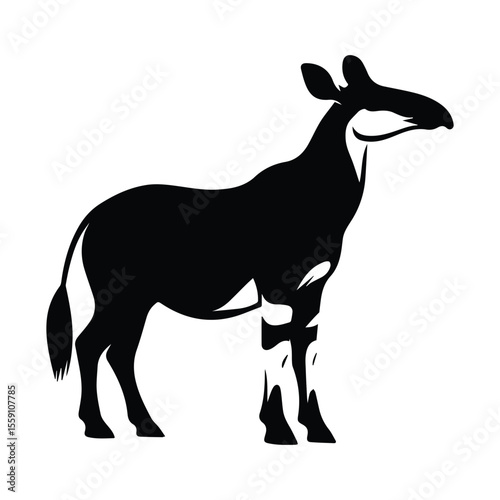 Stylized black silhouette of an okapi standing against a white background