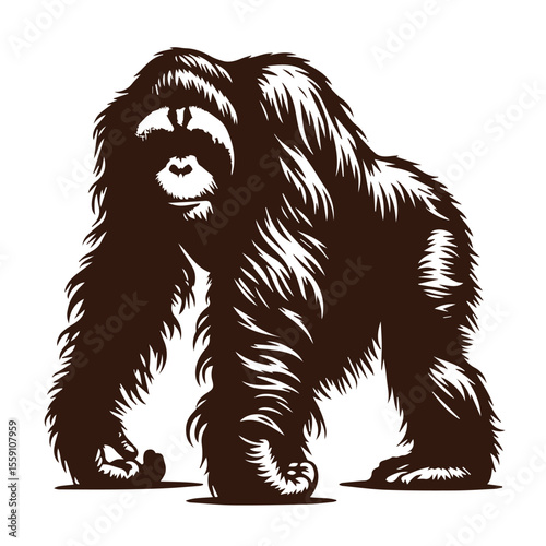 Stylized brown silhouette of an orangutan walking on a white background