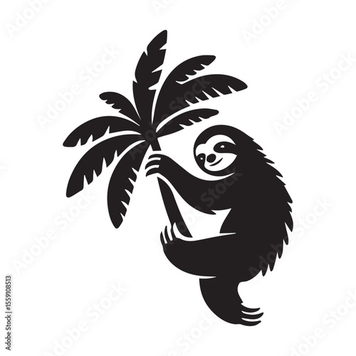 Stylized black silhouette of a happy sloth hanging from a palm tree