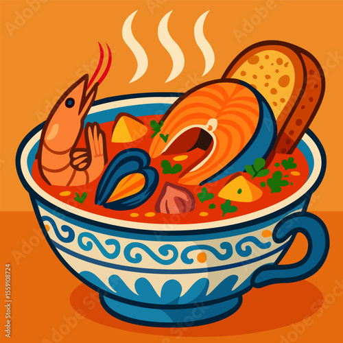 Bouillabaisse soup. Bright vector illsutration. Traditional French cuisine. Mediterranean fish soup