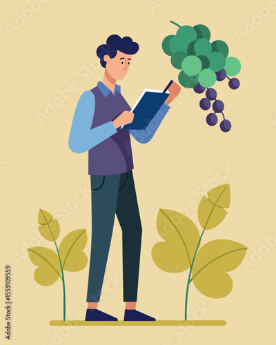 With a notebook in hand a freelance worker makes observations and takes notes on the health and growth of the g vines always striving to improve their techniques.. Vector illustration