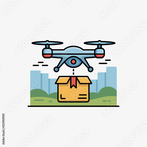 Modern flat style drone delivery icon vector illustration. Drone delivery sign symbol for logistics, fast shipping, courier services, online orders and retail platforms