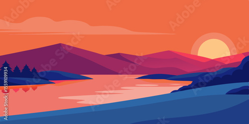The Shore Of The Reservoir At Sunset Realistic Vector