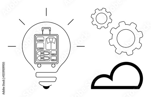 A suitcase inside a light bulb with radiating lines, accompanied by gear symbols and a cloud. Ideal for travel, innovation, creativity, organization, business, technology, and a simple landing page