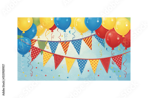 Colorful seamless vector pattern birthday card design with gift boxes, party flag, and festive decoration elements