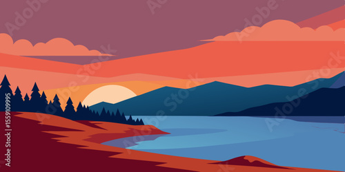 The Shore Of The Reservoir At Sunset Realistic Vector