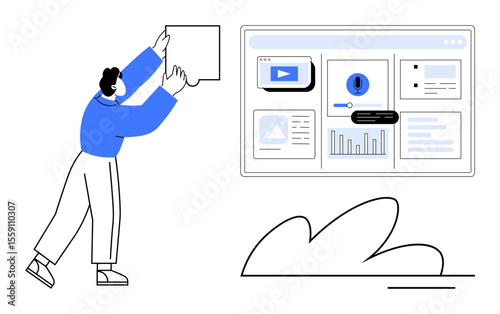 Person interacting with digital dashboard featuring analytics, video, text, and progress elements. Ideal for teamwork, collaboration, analysis, planning strategy research innovation. Simple flat