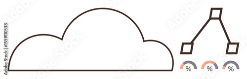 Cloud framework connected to data hierarchy and analytics gauges. Ideal for technology, data management, cloud computing, storage solutions, analytics, connectivity, simple flat metaphor
