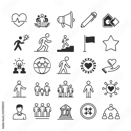 Social Community and Inclusion Icons Collection | Thin Line Editable Stroke Vector Set | Teamwork, Communication, Diversity, Support, Volunteering, Development, Wellbeing and Sustainability Symbols