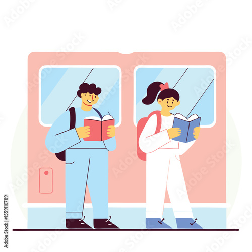 Two students reading books while traveling on a train or bus
