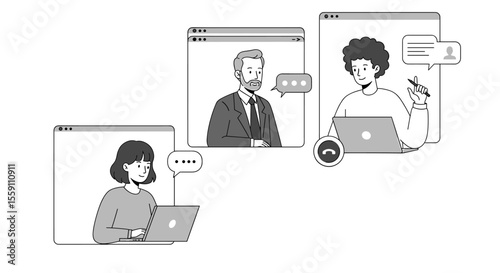 Three People Engaged in Online Video Conferencing
