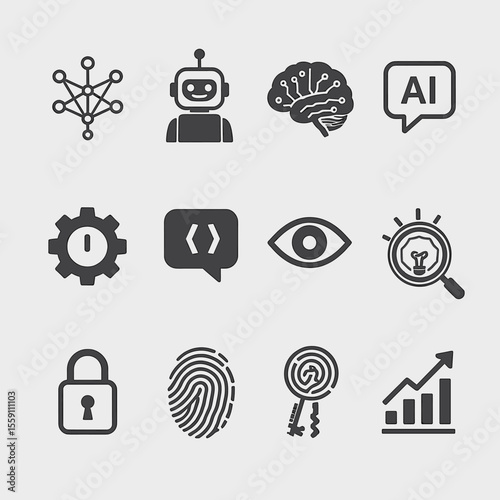 Collection of AI, Technology, and Data Icons Representing Innovation and Progress.
