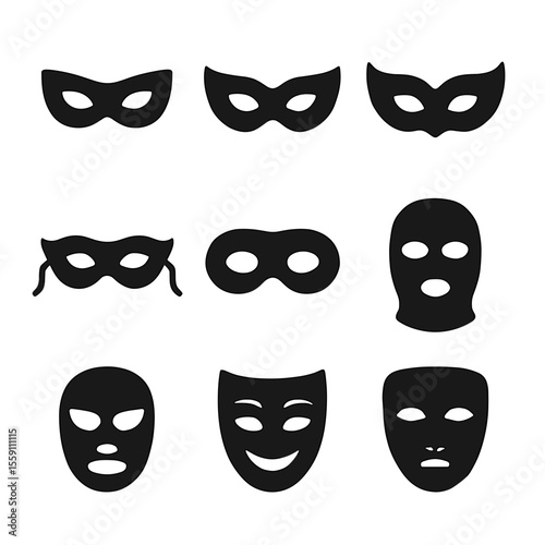 Collection of Black Silhouette Masks: Carnival, Robber, Balaclava, and Theatrical
