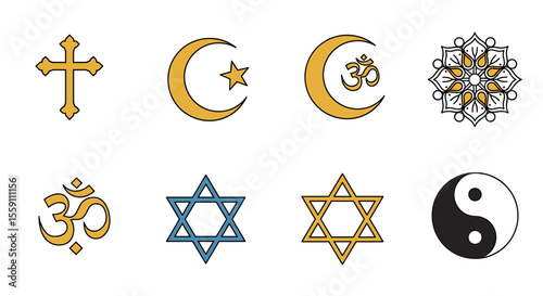 Collection of Religious Symbols: Cross, Crescent Moon, Om, Mandala, Star of David, Yin Yang