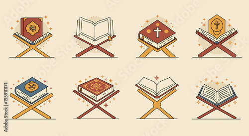 Collection of Sacred Books on Stands with Decorative Elements