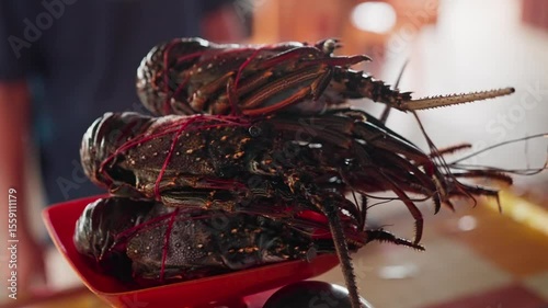 Fresh sea lobsters being weighed for sale