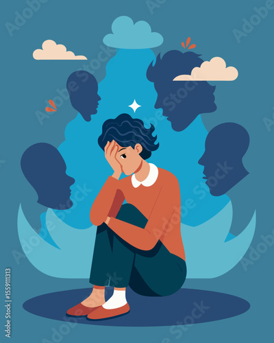 As the echoes of negativity consumed the room the person felt as though they were drowning in a sea of selfdoubt.. Vector illustration