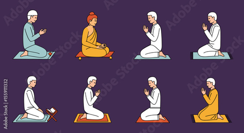 Diverse Religious Figures in Prayer, Kneeling on Prayer Rugs, Praying.