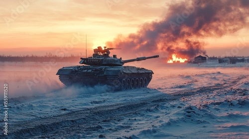 Sunset Battle Tank, Military Action, Winter Warfare, Snowy Landscape, Fiery Destruction