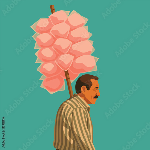 Vendedor latino ambulante hombre de algodon de azucar