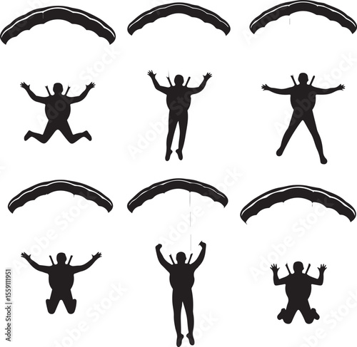 Parachuting Silhouette Clipart – Skydiver and Parachute SVG Bundle

Skydiving Action Silhouettes – Freefall and Parachute Vector Art

Extreme Sport Silhouette Set – Parachuting and Skydiving Designs

