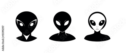 Three Unique Alien Head Silhouette Icons Vector Illustrations of Extraterrestrial Beings for Design Projects