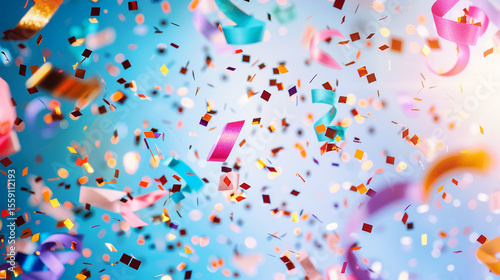 Colorful falling confetti and streamers on a celebration background
