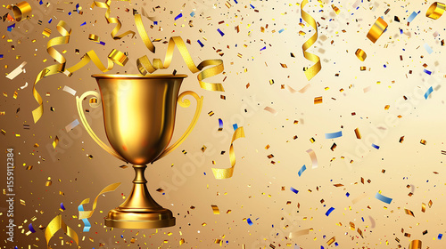 Golden champion trophy with a burst of confetti on a celebratory background